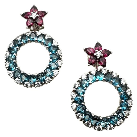 Designer TJC Earrings Sterling Silver Pierced Garnet Blue Topaz Clear Spinel - Picture 1 of 3
